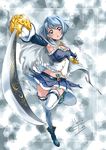  blue_eyes blue_hair cape classictime dual_wielding foreshortening gloves highres holding magical_girl mahou_shoujo_madoka_magica miki_sayaka navel solo sword thighhighs weapon white_gloves white_legwear 