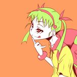  :q backpack bag bakemonogatari bracelet flat_color hachikuji_mayoi jewelry monogatari_(series) orange_background smile solo tanabe_kyou tongue tongue_out 