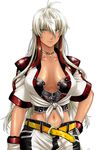  breasts dark_skin green_eyes hand_on_hip isse large_breasts long_hair midriff multicolored_hair navel original solo two-tone_hair white_hair 
