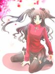  black_legwear blue_eyes brown_hair cross fate/stay_night fate_(series) kneeling smile solo taiti1119 thighhighs toosaka_rin turtleneck two_side_up zettai_ryouiki 