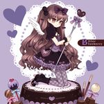  bad_id bad_pixiv_id boots bow cake food grey_legwear hair_bow hair_ribbon happy_valentine heart kneeling magical_girl original pantyhose plaid plaid_legwear pocky ribbon smile solo staff valentine wasabi_(sekai) wings 