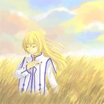  2011_sendai_earthquake_and_tsunami blonde_hair choker cloud collet_brunel hand_on_own_chest jewelry long_hair lowres pmuc7 smile solo tales_of_(series) tales_of_symphonia wheat wind 