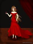  alcohol bad_anatomy brown_hair dress flamenco flower glasses high_heels highres long_hair nimfpa red red_dress red_flower red_footwear red_rose red_wine rose shoes solo wine 