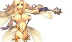  blonde_hair blush bouncing_breasts breasts earrings elf gloves green_eyes highres huge_breasts jewelry long_hair mace midriff navel open_mouth original pointy_ears shiny shiny_skin simple_background slingshot_swimsuit solo swimsuit weapon white_background yn_red 