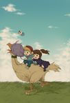  1girl :d bird blonde_hair blue_eyes blue_sky brown_eyes brown_hair child cloud day gipple grass kinako_(moment) kukuri mahoujin_guruguru multiple_riders nike_(mahoujin_guruguru) open_mouth outdoors riding running sky smile 