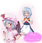  bad_hands bandages bat_wings blue_hair braid chocolate closed_eyes dress fang gift happy630511 happy_valentine hat heart holding holding_gift izayoi_sakuya maid maid_headdress multiple_girls red_eyes remilia_scarlet short_hair silver_hair touhou tsundere twin_braids upper_body valentine wings wrist_cuffs 