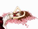  aki9081 armpits arms_up beatrix brown_hair cleavage_cutout curly_hair eyepatch final_fantasy final_fantasy_ix long_hair lowres lying pantyhose petals rose_petals sleeveless smile solo 