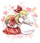  bad_id bad_pixiv_id blonde_hair blush candy cat closed_eyes culter dress ellen flower food hair_ribbon heart hug red_dress ribbon smile sokrates_(touhou) solo touhou touhou_(pc-98) 