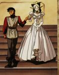  1girl 90s boots closed_eyes deedlit dress earrings elbow_gloves elf formal frills gloves gown holding_hands jewelry necklace non-web_source pointy_ears record_of_lodoss_war skirt_hold stairs white_gloves yuuki_nobuteru 