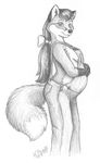  2003 breasts canine female fox jeans kitsune25 monochrome overalls pregnant side_boob snout solo 