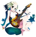  bare_legs bare_shoulders barefoot blonde_hair copyright_request dress electric_guitar feet forehead green_eyes guitar highres instrument shadow short_hair sleeveless solo star sundress tomatomato_(tomato_kanzume) 