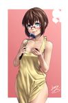  apron blue_eyes blush brown_eyes brown_hair glasses highres ladle lasterk lips naked_apron ore_no_imouto_ga_konna_ni_kawaii_wake_ga_nai saucer short_hair smile solo tamura_manami 