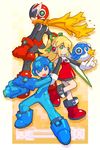  2boys :d android arm_cannon beat_(rockman) blues_(rockman) bodysuit boots full_body gloves knee_boots long_hair looking_at_viewer multiple_boys nakayama_tooru open_mouth parody red_skirt rockman rockman_(character) rockman_(classic) rockman_zero roll skirt smile style_parody weapon white_gloves 