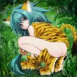  ahoge animal_ears animal_print aqua_eyes aqua_hair arm_support ass cham_cham commentary face gloves grass long_hair looking_back no_panties paw_gloves paw_shoes paws pon samurai_spirits shoes snk solo squatting tail tiger_print very_long_hair 