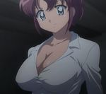  blue_eyes breasts cleavage dress_shirt henrietta_de_tristain large_breasts open_clothes open_shirt ponytail purple_hair screencap shirt short_hair solo stitched third-party_edit zero_no_tsukaima 