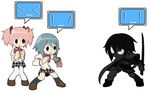  !? &gt;_&lt; 3girls bad_id bad_pixiv_id blue_hair bryan_lee_o'malley_(style) cape closed_eyes crossover dark_persona kaname_madoka magical_girl mahou_shoujo_madoka_magica miki_sayaka mitakihara_school_uniform multiple_girls nega_scott nnnss parody pink_hair school_uniform scott_pilgrim style_parody sword thighhighs twintails weapon 