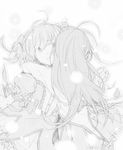  akemi_homura bow from_behind gloves greyscale hair_bow hair_ribbon hug kaname_madoka long_hair magical_girl mahou_shoujo_madoka_magica monochrome multiple_girls open_mouth ribbon short_hair short_twintails sketch twintails yu-tan 