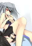  bare_shoulders bikini black_bikini blush dean eyepatch grey_hair highres infinite_stratos laura_bodewig legs orimura_ichika red_eyes solo swimsuit thigh_strap thighs twintails 