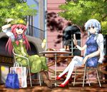  :d arms_behind_head bag beret blue_eyes blue_hair boots braid cellphone cellphone_charm chair character_doll crossed_legs food hat high_heels hong_meiling izayoi_sakuya jacket_on_shoulders multiple_girls no_headwear open_mouth phone red_hair remilia_scarlet ribbon ruu_(tksymkw) shoes shopping_bag silver_hair sitting smile star table thighhighs touhou twin_braids white_legwear zettai_ryouiki 
