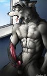  abs anthro balls biceps canine karabiner knot male mammal masturbation muscles nipples open_mouth pecs penis solo tongue wolf yellow_eyes 