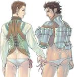  2boys armor artist_request ass balflear balthier black_hair bottomless briefs brown_eyes brown_hair earrings facial_hair final_fantasy final_fantasy_xii ivalice_alliance jewelry male male_focus multiple_boys muscle no_pants panties source_request stubble sweatdrop tan_skin underwear undressing vossler vossler_york_azelas yaoi 