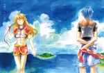  1girl bandana beach beads blonde_hair blue_hair chrono_cross closed_eyes day facial_mark from_behind hair_down island jewelry kid_(chrono_cross) long_hair midriff mihoka navel necklace ocean outdoors serge short_hair skirt smile thigh_gap translation_request water 