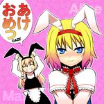  alice_margatroid animal_ears blonde_hair blue_eyes blush braid bunny_ears capelet grin hairband kirisame_marisa long_hair multiple_girls short_hair shy smile sweatdrop takadoya touhou v_arms wavy_mouth ze_(phrase) 