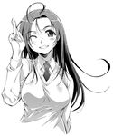  ahoge breasts copyright_request face greyscale grin hands large_breasts monochrome necktie one_eye_closed smile solo sweater_vest yamaguchi_homupe 