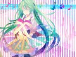  bad_id bad_pixiv_id closed_eyes dress green_hair hatsune_miku heart long_hair musical_note pantyhose solo striped striped_background twintails very_long_hair vocaloid zero14 