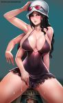  ass_visible_through_thighs badcompzero bare_shoulders black_dress black_hair breasts cleavage collarbone dress eyewear_on_head green_background hat highres large_breasts light_smile long_hair looking_at_viewer multiple_arms nico_robin one_piece simple_background solo spread_legs sunglasses thighs wanted 