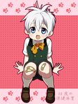  30-sai_no_hoken_taiiku bandaid bandaid_on_knee blue_eyes buttons fang full_body grey_hair kneehighs loup-garou macaron_(30-sai_no_hoken_taiiku) male_focus ribbon shirt shorts sitting smile solo vest 