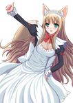  animal_ears blonde_hair bow cleavage_cutout fishnets fox_ears fox_tail green_eyes hand_on_hip long_hair lorna_(shining_hearts) maid_headdress natsuzakura_yuuki shining_(series) shining_hearts simple_background solo tail thumbs_up very_long_hair 