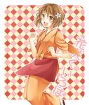  asagi_(seal47) blush brown_eyes brown_hair flower hair_flower hair_ornament hanasaku_iroha japanese_clothes kissuisou_uniform matsumae_ohana nakai_(waitress) open_mouth short_hair smile solo 