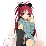  amano_kouki boots brown_eyes casual cat denim denim_shorts feeding food food_on_face long_hair mahou_shoujo_madoka_magica navel ponytail red_hair sakura_kyouko shorts simple_background sitting solo taiyaki wagashi 