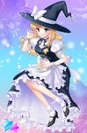  alha blonde_hair bobby_socks braid candy food frills green_eyes hat kirisame_marisa konpeitou long_hair mary_janes shoes socks solo star touhou witch_hat wrist_cuffs 