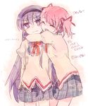  akemi_homura bad_id bad_pixiv_id ca closed_eyes hair_ribbon hug kaname_madoka mahou_shoujo_madoka_magica mitakihara_school_uniform multiple_girls pink_hair plaid puffy_sleeves purple_eyes purple_hair ribbon school_uniform short_hair short_twintails skirt translated twintails 