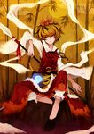  absurdres bamboo bamboo_forest bishamonten's_spear blonde_hair forest full_moon highres md5_mismatch moon nanahara_fuyuki nature polearm short_hair sitting slit_pupils solo spear toramaru_shou touhou weapon yellow_eyes 