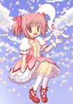  :3 absurdres akihara_ryou animal_ears blush bow bubble_skirt choker cloud creature full_body gloves hair_ribbon happy highres kaname_madoka kneehighs kyubey magical_girl mahou_shoujo_madoka_magica petals pink_hair pink_skirt puffy_sleeves red_choker red_eyes ribbon shoes short_hair short_twintails sidelocks skirt sky tail twintails white_legwear 