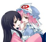  black_hair chin_grab commentary_request eye_contact hat houraisan_kaguya long_hair looking_at_another multiple_girls pink_hair red_eyes saigyouji_yuyuko short_hair touhou unya yuri 