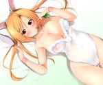  animal_ears blue_eyes blush breasts brown_hair bunny_ears cameltoe cleavage copyright_request fat_mons fct large_breasts legs leotard long_hair lying navel nipples on_back parted_lips pussy see-through simple_background skin_tight solo thighs wet 