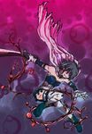  blood blue_hair cape ere_(elemental) gloves highres injury magical_girl mahou_shoujo_madoka_magica miki_sayaka red_eyes solo sword torn_cape torn_clothes weapon 