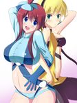  banned_artist blonde_hair blue_eyes blush breasts fay_(fay_axl) fuuro_(pokemon) gym_leader hair_ornament kamitsure_(pokemon) large_breasts long_hair midriff multiple_girls navel open_mouth pantyhose pokemon pokemon_(game) pokemon_bw red_hair smile 