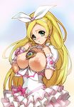  blonde_hair bow breasts choker cure_rhythm earrings eyelashes green_eyes hair_bow hisahiko jewelry large_breasts long_hair magical_girl minamino_kanade necklace nipples open_clothes open_shirt precure shirt solo suite_precure white_choker 