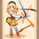  beret blonde_hair boots detached_sleeves drill_hair grey_legwear gun hat long_hair lowres magical_musket mahou_shoujo_madoka_magica miranko pixel_art pleated_skirt puffy_sleeves rifle skirt solo standing thighhighs tomoe_mami twin_drills twintails weapon zettai_ryouiki 