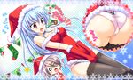  2girls ass bare_shoulders blue_hair blush breasts cameltoe christmas cleavage covered_navel embarrassed erect_nipples lavender_hair let&#039;s_kaitou! let's_kaitou! long_hair multiple_girls open_mouth panties purple_eyes santa_costume santa_hat squeez thighhighs underwear 