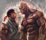 bald black_hair boyaking eye_contact eyepatch headband looking_at_another male_focus multiple_boys muscle ryuu_(street_fighter) sagat scar shirtless spiked_hair street_fighter upper_body white_eyes 