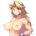  aaaa blonde_hair blush breasts breasts_apart highres horn hoshiguma_yuugi large_breasts long_hair nipples nude pointy_ears red_eyes smile solo toned touhou upper_body 