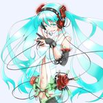  aqua_eyes aqua_hair bad_id bad_pixiv_id bridal_gauntlets colored_eyelashes hatsune_miku hatsune_miku_(append) headphones headset highres long_hair navel necktie shunsuke solo steepled_fingers thighhighs twintails very_long_hair vocaloid vocaloid_append 