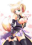  animal_ears armor bad_id bad_pixiv_id between_breasts black_legwear blonde_hair blush breasts bridal_gauntlets dog_days fatkewell fox_ears fox_tail green_eyes long_hair medium_breasts nipples open_clothes open_mouth panties petals purple_panties solo tail thighhighs underwear undressing yukikaze_panettone 
