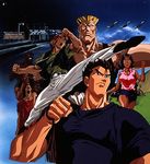  1girl 6+boys 90s black_hair blonde_hair brown_hair capcom cloud dark-skinned_male dark_skin guile ken_masters looking_at_viewer lowres multiple_boys muscle outdoors running ryu ryuu_(street_fighter) shirt short_hair sky smile street_fighter street_fighter_ii_v t-shirt 